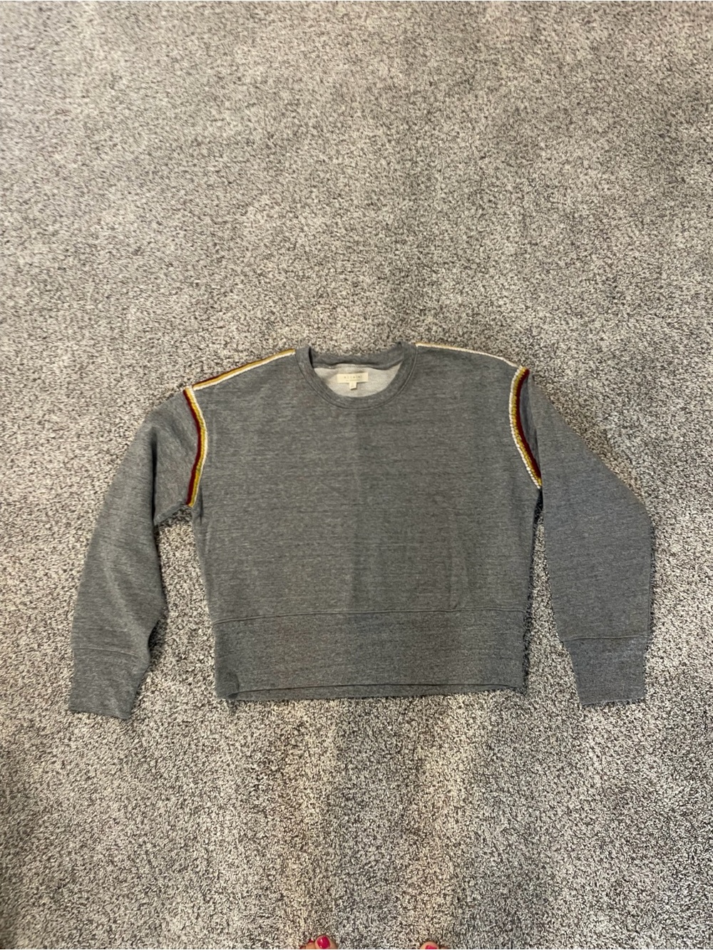 Gray Crewneck Sweatshirt with Red and Gold Shoulder Trim